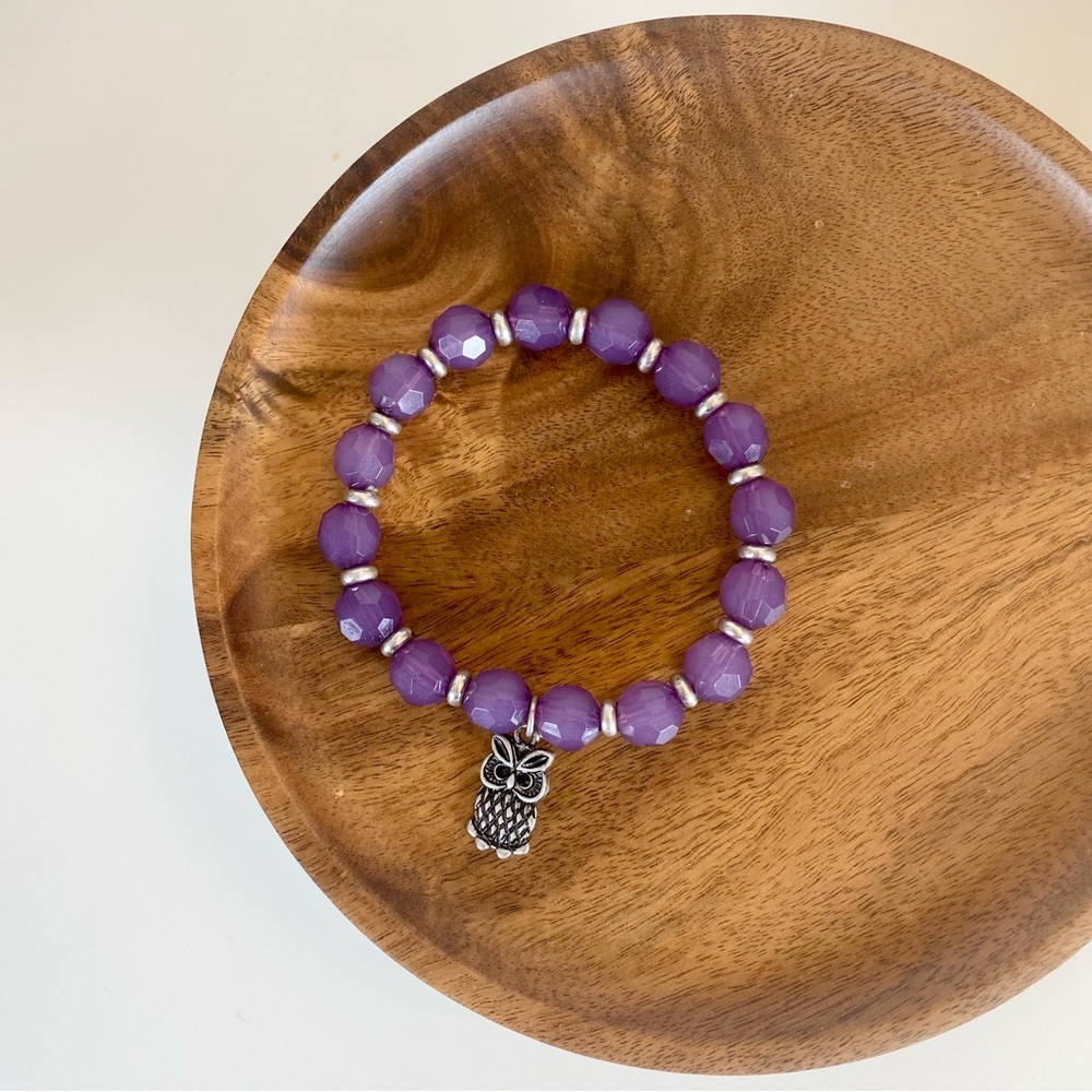 4/$15 Vintage Silver Purple Beads Owl Charm Stretchy Bracelet